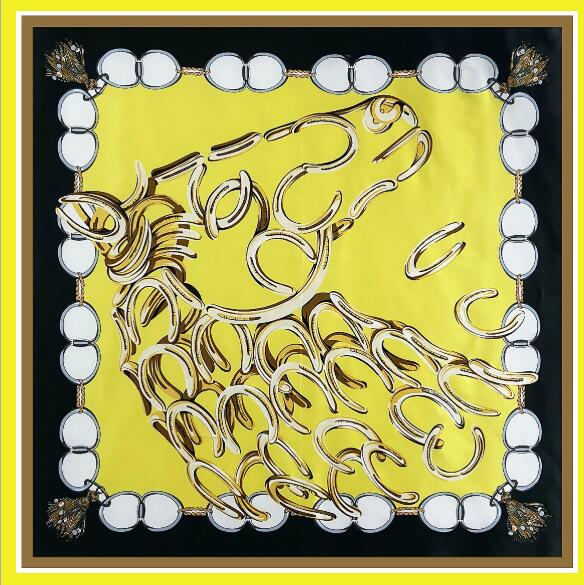 New 90x90cm Silk Scarf Women Metal Chain Print Satin Head Hijab Scarfs Luxury Brand Foulard Colors Beach Shawls Square Scarves