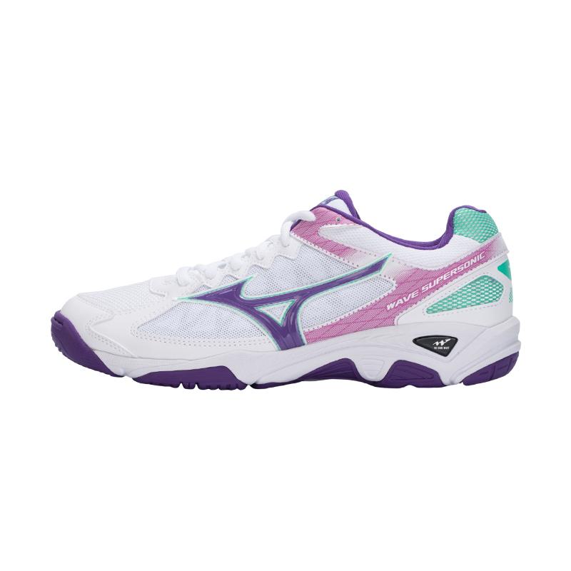 Herren Sneaker Mizuno Wave Supersonic CN Volleyballschuhe Unisex Niedrig geschnitten Weiß/Lila/Pink 40.5