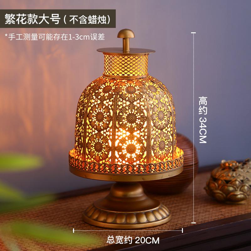 Vintage Iron Candle Holder Decor Tabletop Copper Lantern with Electronic Candle for Dining Room Thai Spa Retro Home Decor