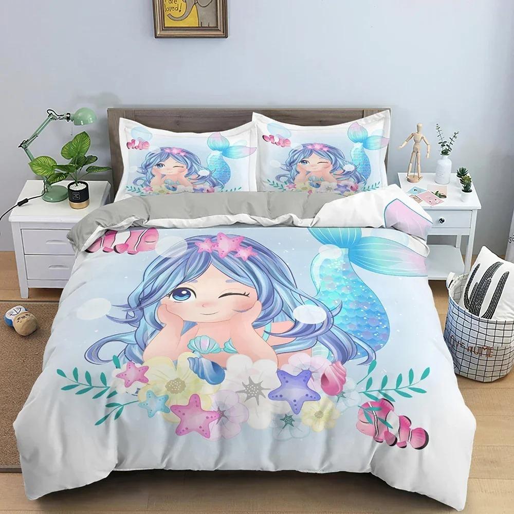 Mermaid Bedding Set For Girls Cute Cartoon Duvet Cover Comforter Covers Children Bedroom Double Queen Size Home Textile 2/3 PCS