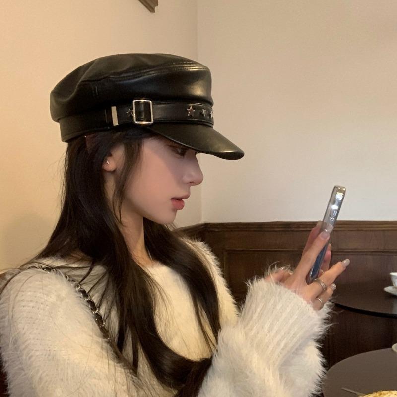 Pentagram leather buckle navy hat autumn and winter hat women's leather duck tongue beret versatile showing small face