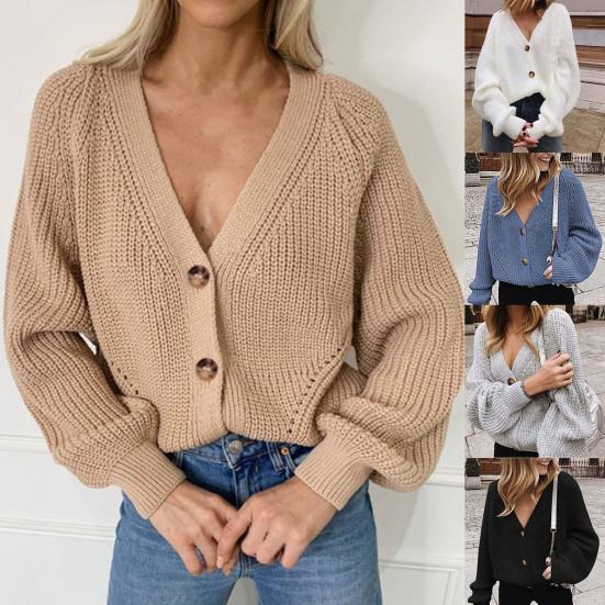 Knitted Cardigan Solid Color Long Sleeve Polyester Single-Breasted Women Sweater for Autumn