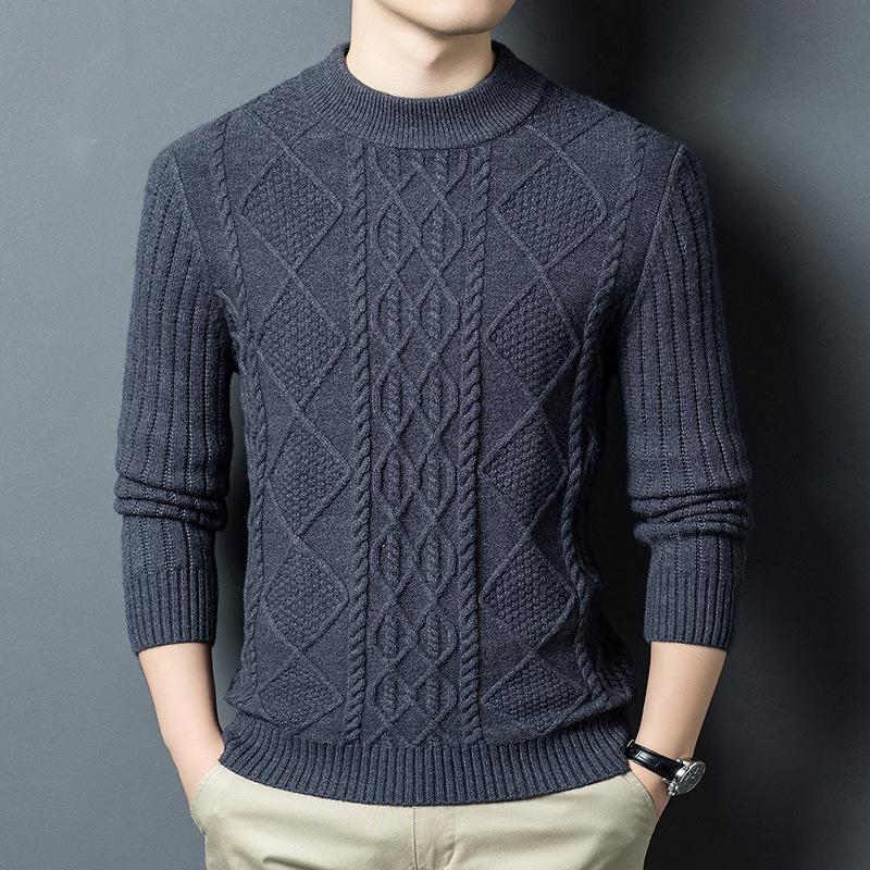 Winter Men's Wool Blend Jacquard Sweater: Thickened Long Sleeve, Half-High Collar, Fashion Casual for All Ages
