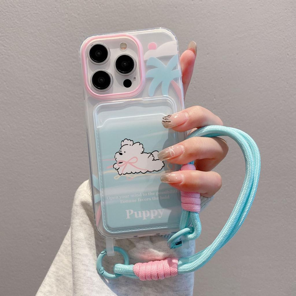 Korean Style Card Bag Suitable for IPhone15pro Cartoon Mobile Phone Case Apple 16 Lanyard 13 Mobile Phone Love Protection Case