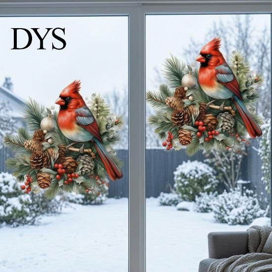 Bird And Pine Cone Wall Stickers Christmas Sticker, Decorative PVC Decal with Branch Retro Winter Home Decor Red Berry, Waterproof Peel Sticker