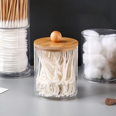 Houderdispenser met bamboe deksels Helder acryl badkamerpotten met dienblad Wattenstaafje Opslagdispenser Herbruikbaar