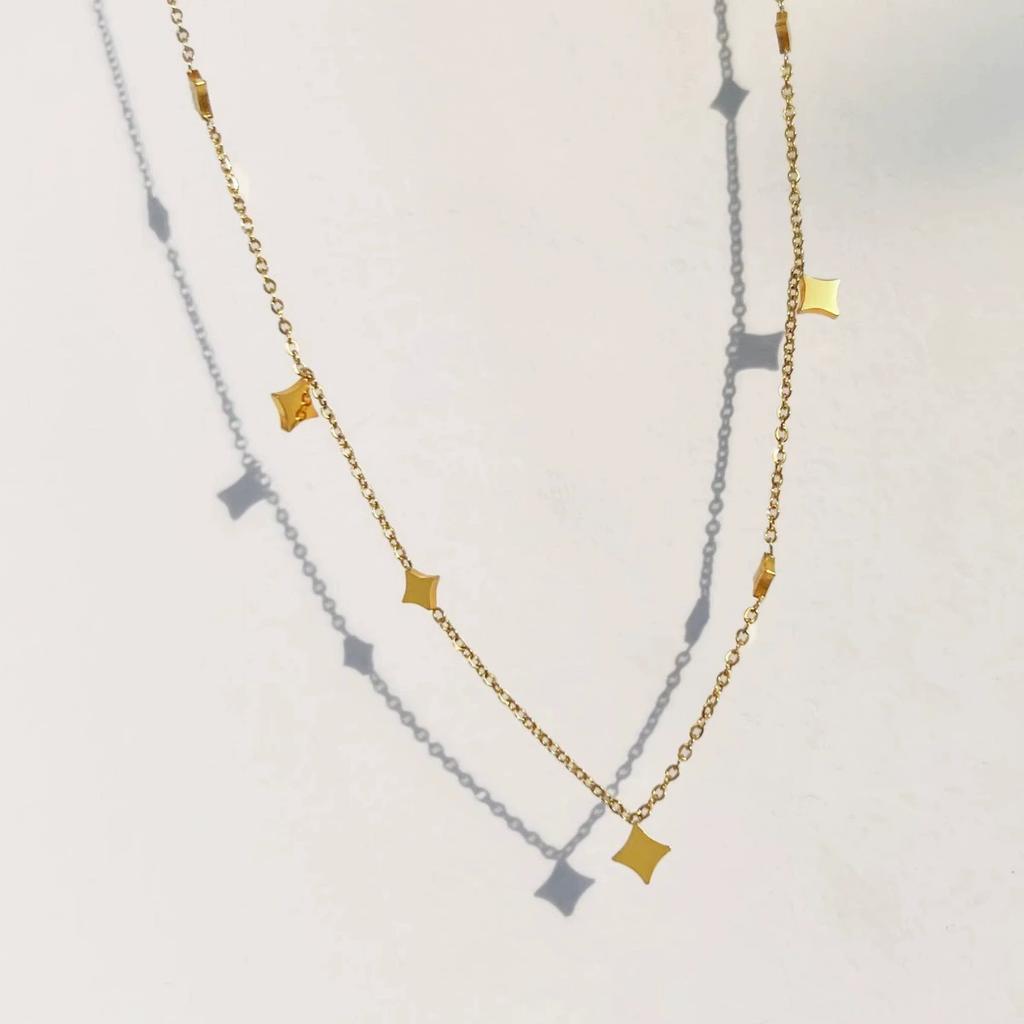Stainless Steel New Temperament Retro Gold Color Four-pointed Star Pendant Necklace for Women Classic Chokers Zircon Colorfast