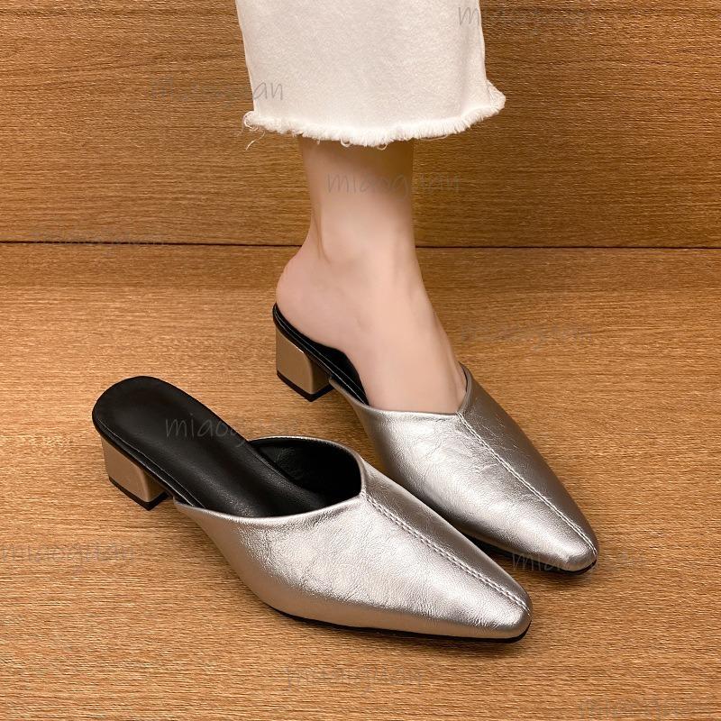 Comfortable Chunky Heel Slip-On Shoes Women's Spring Autumn New Pointed Toe Mules Outdoor Wear Slides Sandals Size35-42
