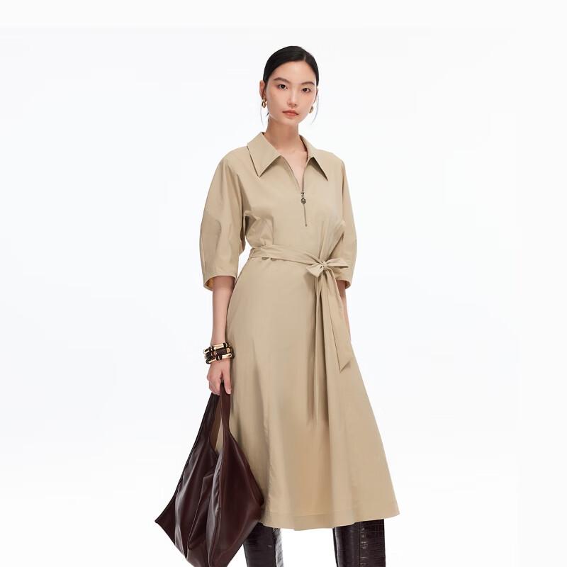Veromoda Autumn 2025 Five-Point Sleeve Lapel Tie Solid Long Dress