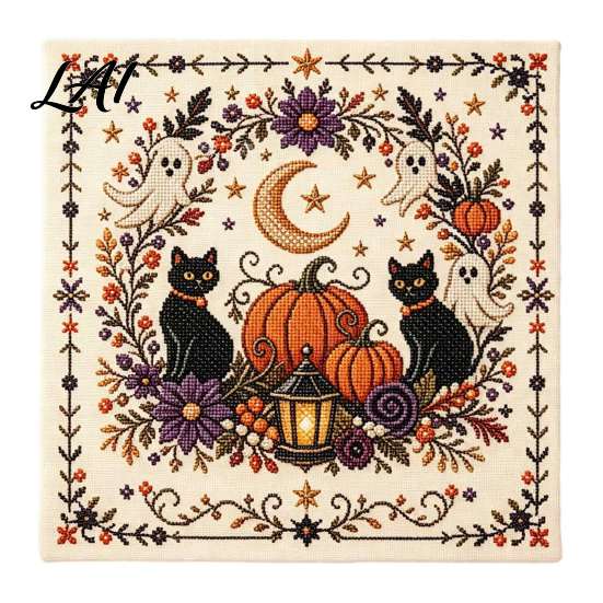 Handmade Home Accents Halloween Embroidery Kit DIY Stitch Kit for Adults Cute Witch Decoration Ghost Black Cat Pumpkin Pattern Wall Decor Beginners