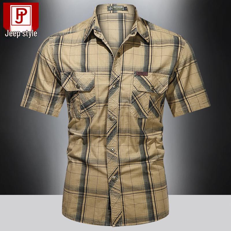 2023 Summer Men's Plus Size Cotton Short Sleeve Plaid Shirt - Loose, Casual, for Middle-Aged & Young