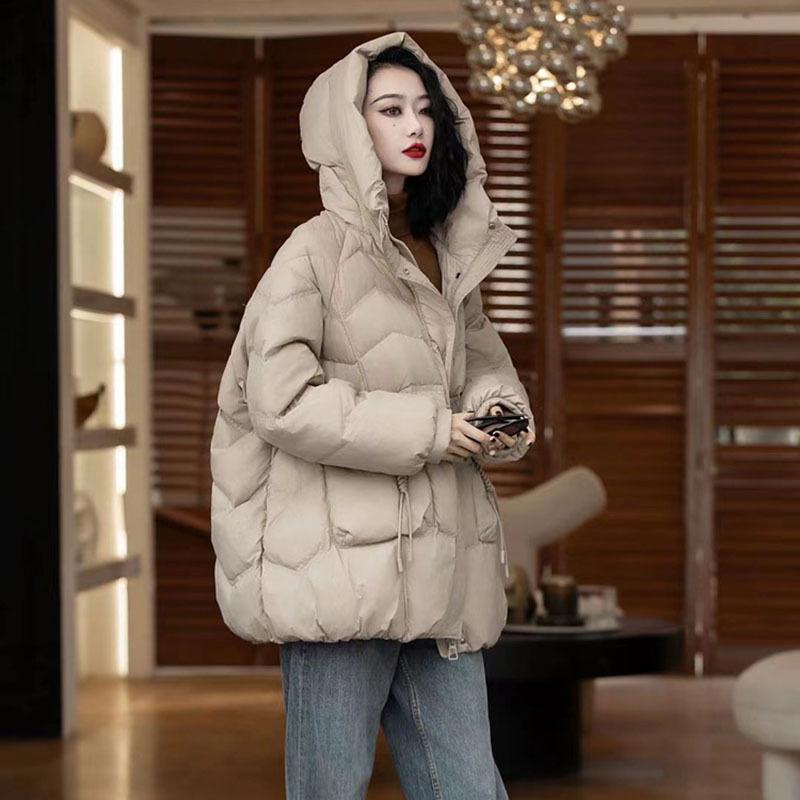 

Новый китайский пуховик-кокон с капюшоном женский 2025 зима ретро твист теплый пух белой утки материнское повседневное пальто One size бежевый