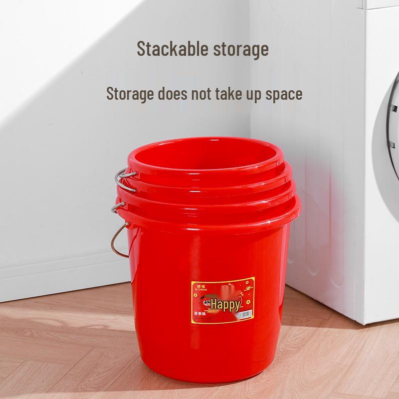 Red Round Hand-held Plastic Bucket with Lid for Moving, Weddings, and Auspicious Events