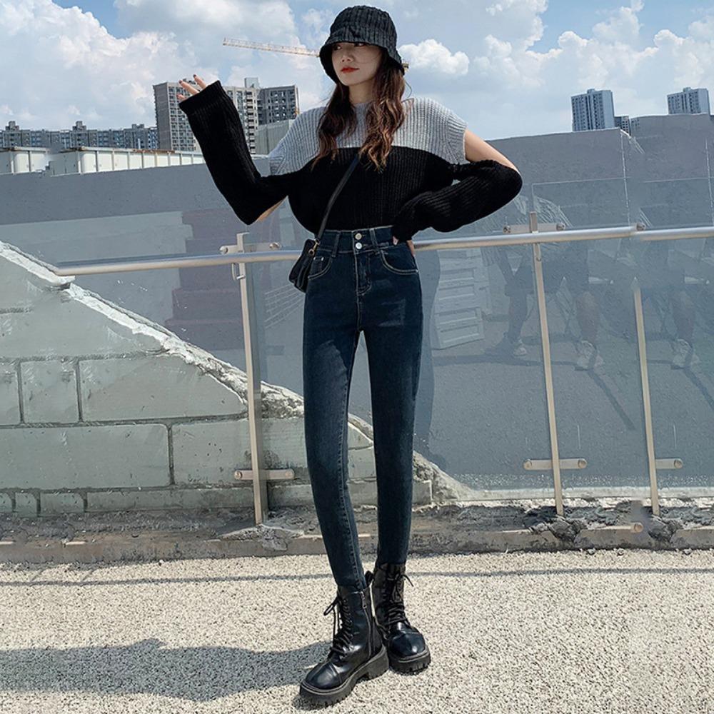 

High-waisted slim-fitting pants for women s autumn and winter new Korean version versatile double-breasted vertical buckle tight and thin jeans trendy 32