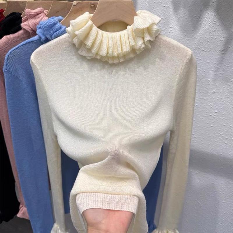Ny Höst Spetskrage Stickad Dam Högkvalitativ Halvpolo Ull Underdel med Casual