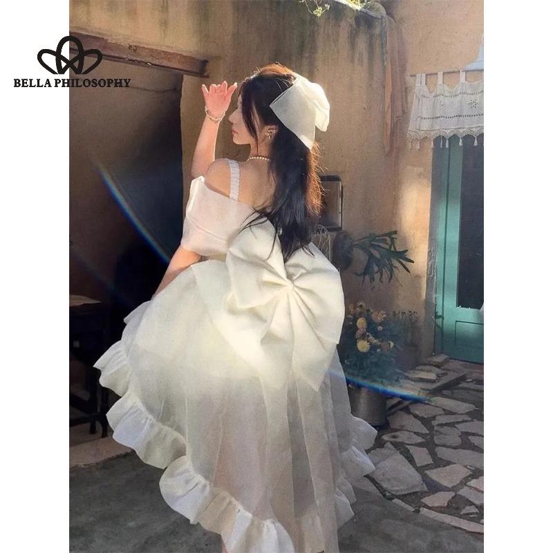 French Style Elegant Elegant Trailing Princess Dress Solid Color Strap Bow Slimming Ponte Dress Party Dress
