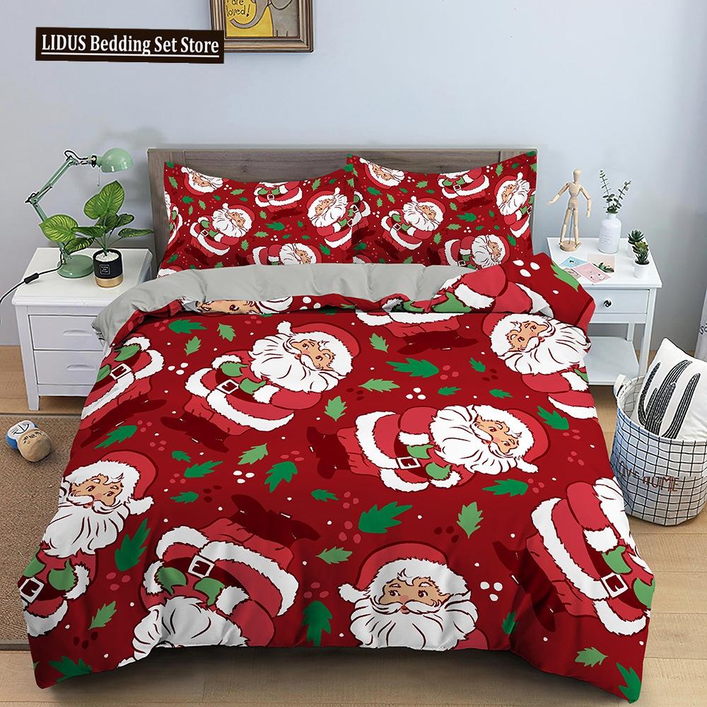 Red Christmas King Queen Duvet Cover Cartoon Santa Claus Bedding Set For Kid Boy Girl Happy Holiday 2/3pcs Polyester Quilt Cover
