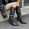 Women Pointy Pleated Western Cowboy Boots New Fashion Slip-On Long Pipe Boots Female Sexy Thin High Heel Trend Knee High Botas