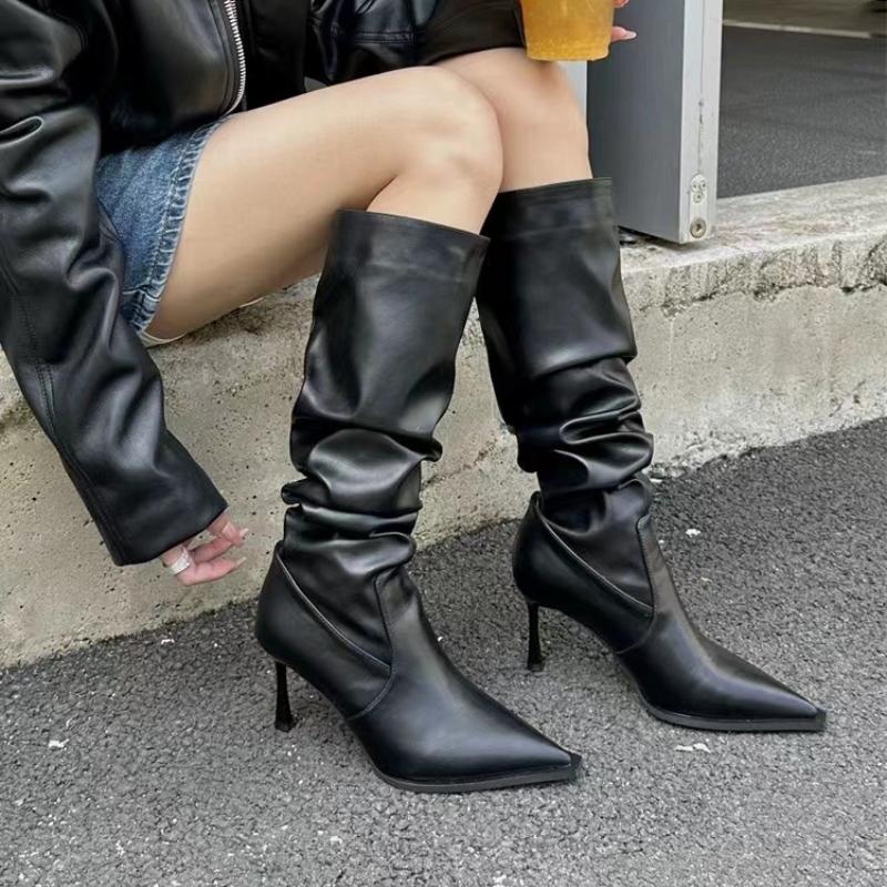 Women Pointy Pleated Western Cowboy Boots New Fashion Slip-On Long Pipe Boots Female Sexy Thin High Heel Trend Knee High Botas