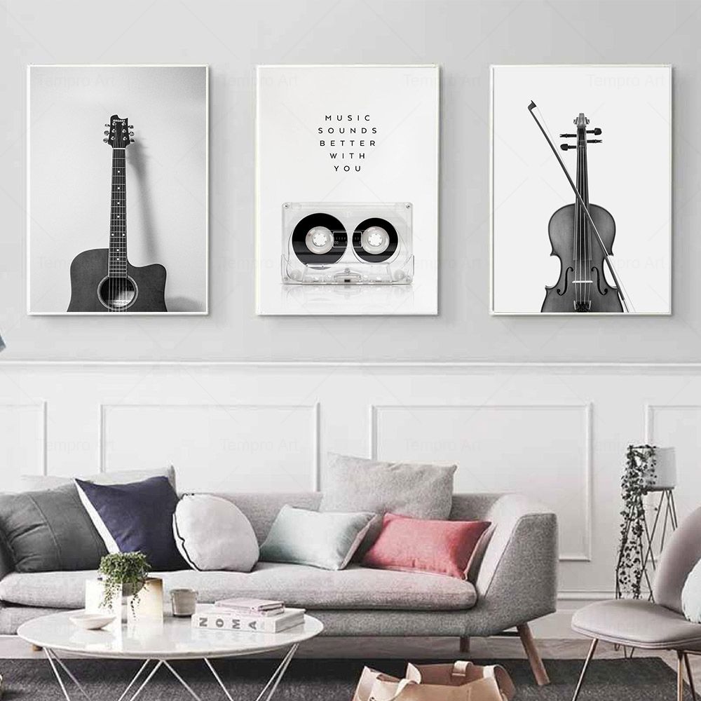 Black and White Music Prints Retro Vinyl Record Guitar Poster Wall Art Canvas Painting Nordic Picture for Living Room Home Decor