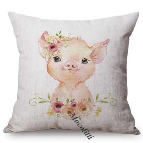 Cute Animals Watercolor Cartoon Painting Art Sofa Decoration Throw Pillow Case Giraffe Elephant Style Cotton Linen Cushion Cover Peach skin 18*18(CM)-1Pcs