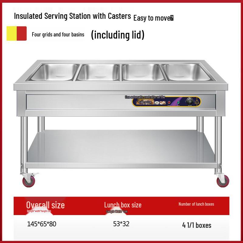 Stainless Steel Mobile Food Warming Table with Casters - Insulated Hot Dish Serving Cart