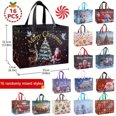 16pcs Large Christmas Gift Bags with Handles Reusable Santa, Snowman,Christmas Tree Designs - for Holiday Shopping, Xmas Parties