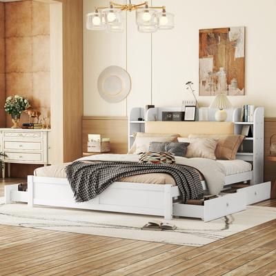 Double Bed Wooden Bed 180x200cm, Storage Bed with 4 Drawers and Storage Headboard, Functional Bed with Slatted Frame, Without Mattress