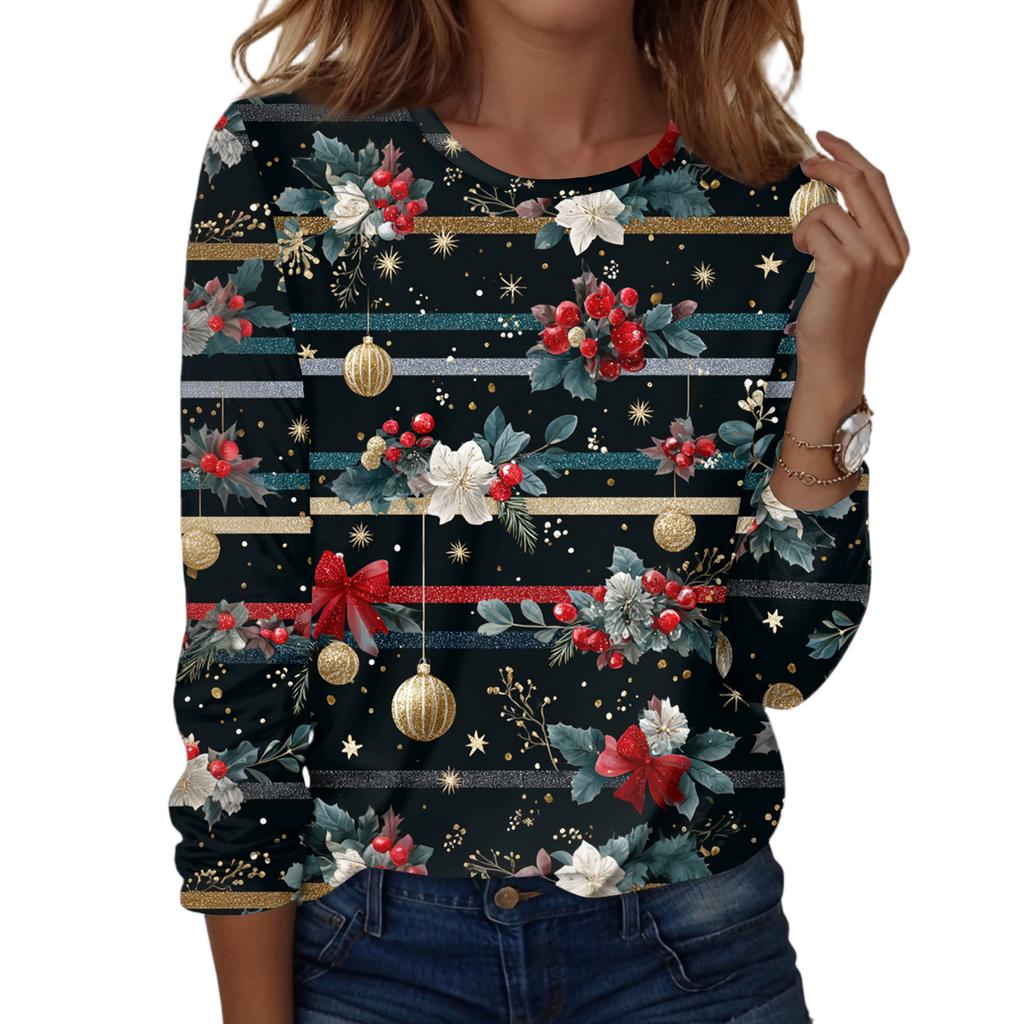 Women's Fashion Casual H Printed V-Neck Long Sleeve Decorative Button T-Shirt Tops