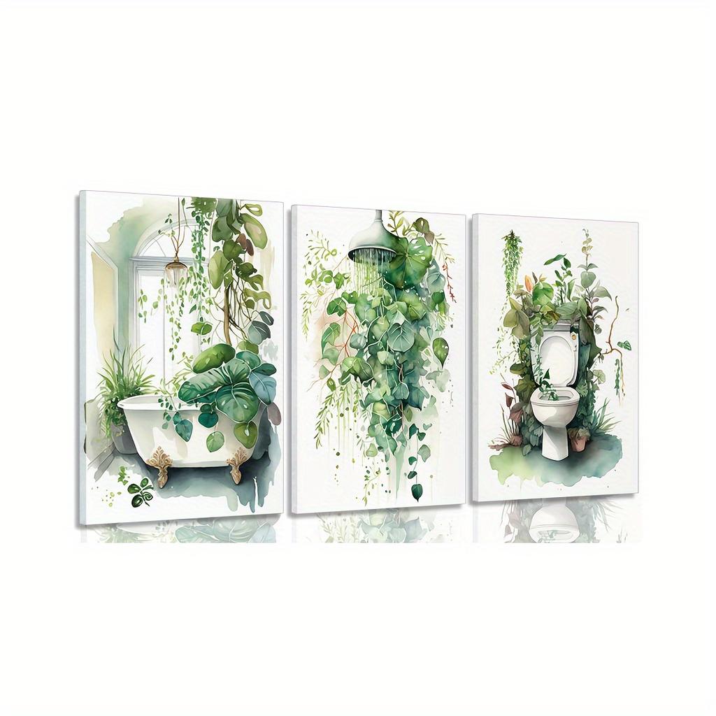 Set di tre pezzi di arte da parete per bagno con piante, stampato con foglie verde salvia e tela di piante tropicali, divertente decorazione per il bagno di casa