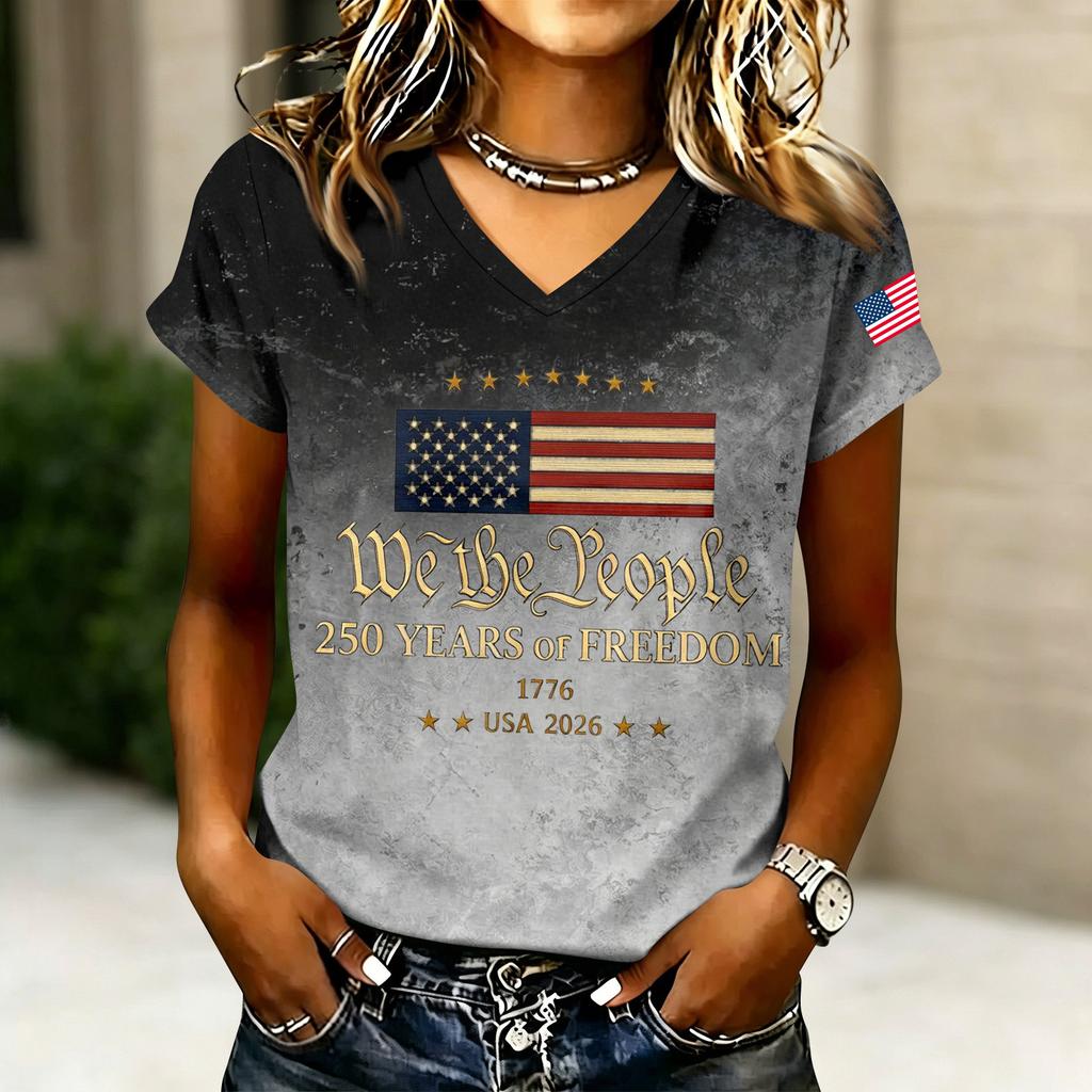 Women's V-Neck Short Sleeve T-Shirt - Anniversary 1776-2026 Letter Print, Casual Summer Top Tee