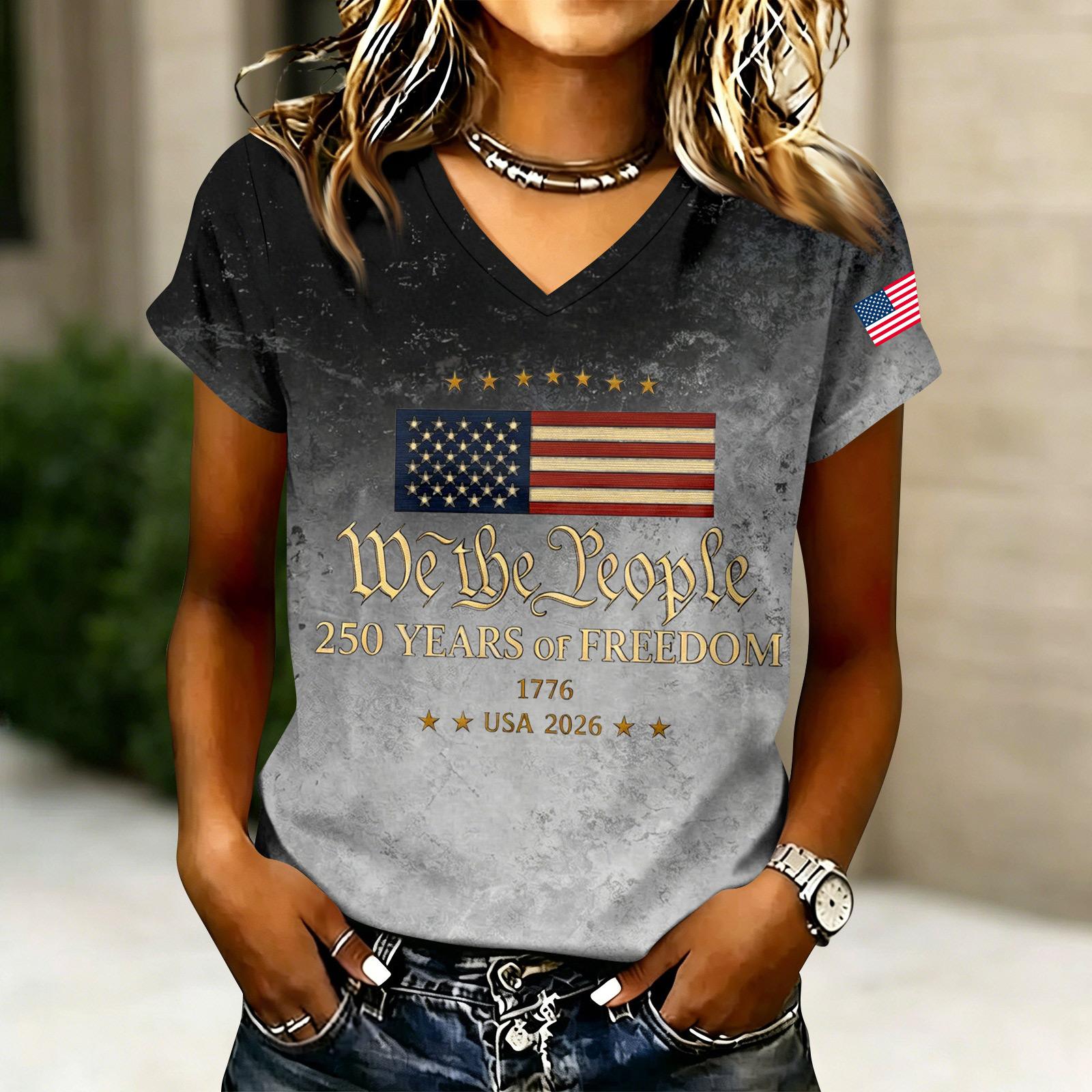 Women s V Neck Casual Short Sleeve T Shirt with Letter Print Patriotic Design 250 Years Anniversary Graphic Tee USA Style L