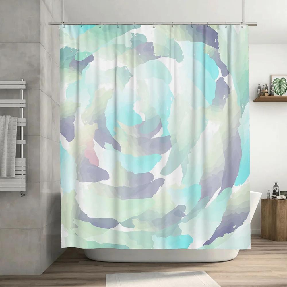 Luxurious Camo Print Shower Curtain Blue and White Colorful Watercolor Design for Bathrooms Decorations Waterproof Fabric Shower