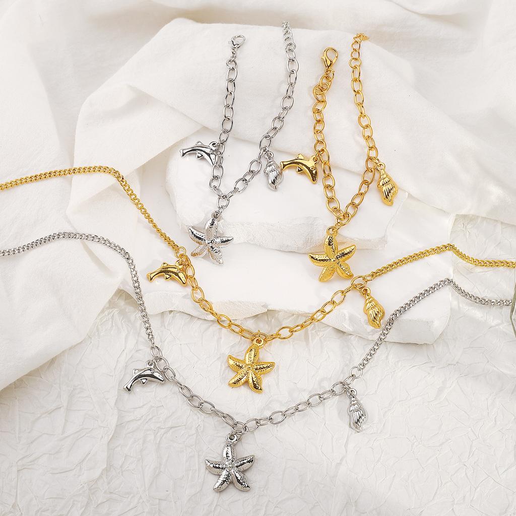 Women Fashion Exquisite Luxury Starfish Conch Dolphin Pendant Bracelet Necklace Retro Ocean Vacation Style Jewelry For Women