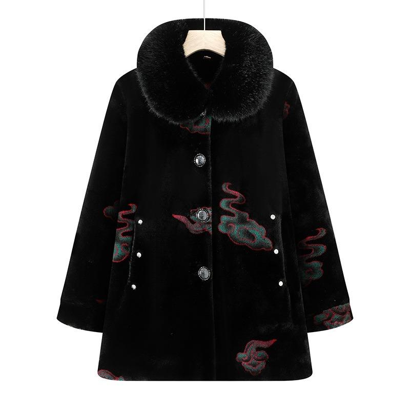 

Пальто для бабушки среднего возраста, имитация норки, теплое флисовое, утолщенное, наряд для мамы, свободный большой размер, праздничное, на китайский Новый год 5XL [Recommended 150-80 kg]