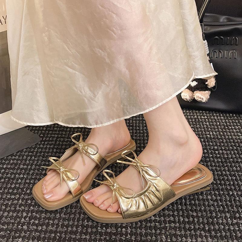 Bow French Premium Slippers Women's 2025 New Summer Korean Version Square Head Versatile Slope Heel Outside Wear Cool Slippers
