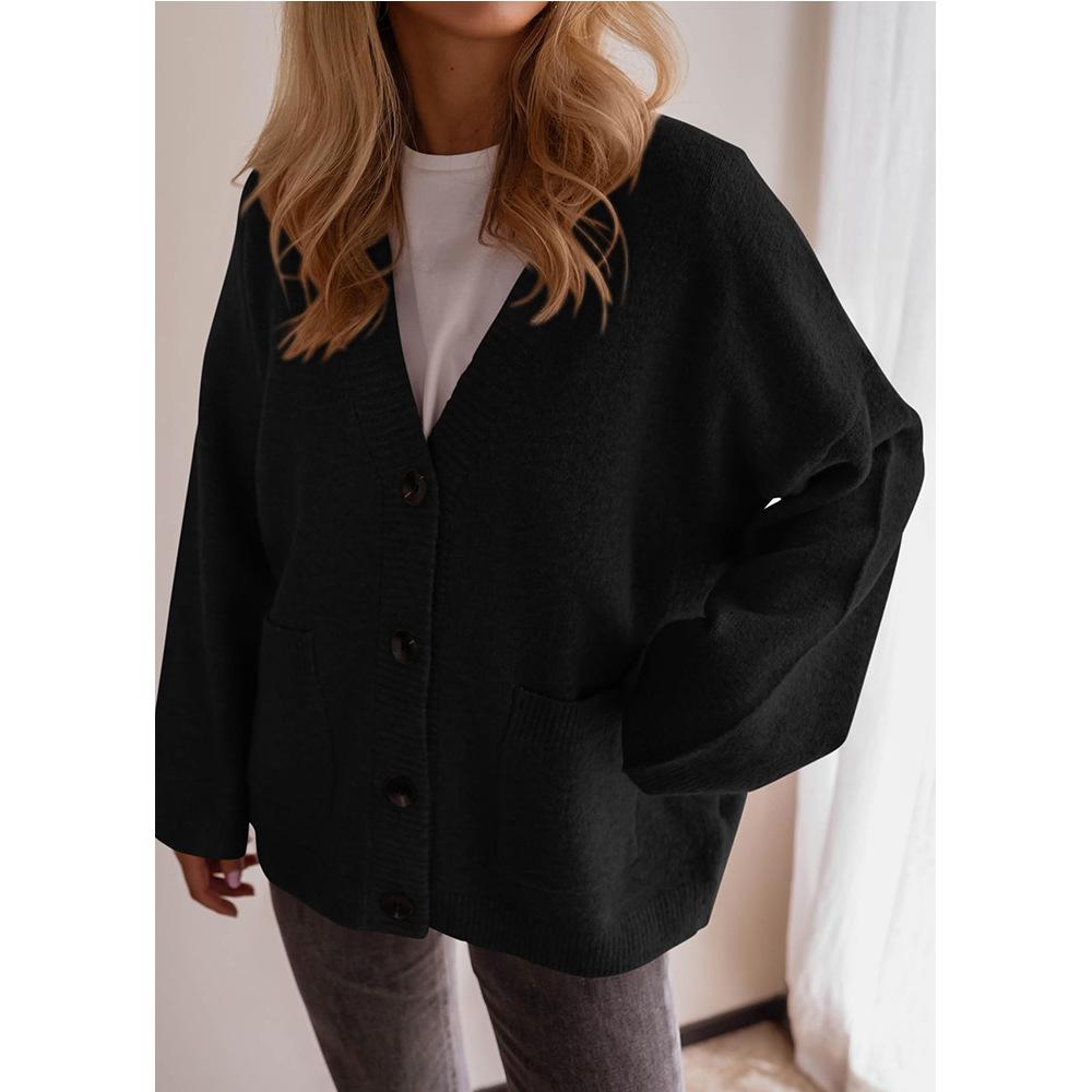 Women Solid Color V Neck Button Up Loose Long Sleeve Knit Cardigan Sweater Coat