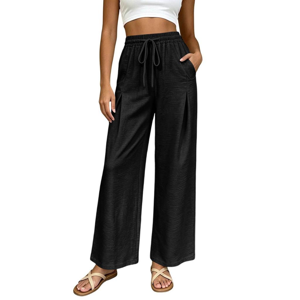 Women High Waist Wide Leg Pants Summer Casual Loose Fit Trousers with Pockets Elastic Waist Drawstring Outdoor Lightweight