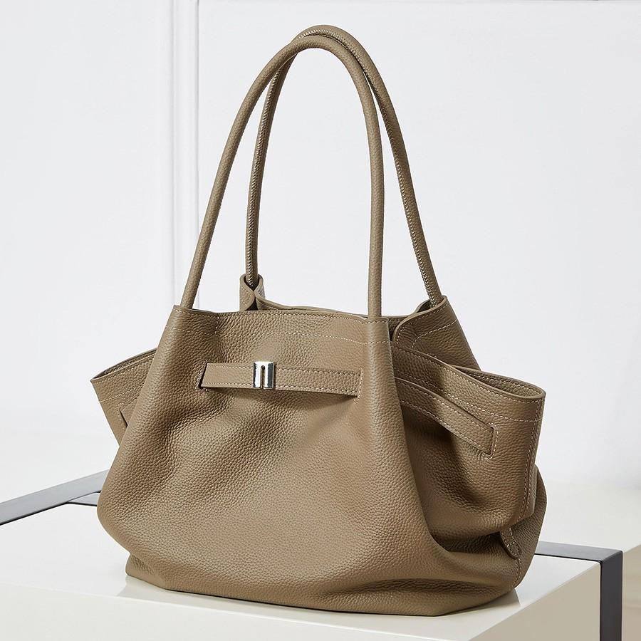 The First Layer Of Cowhide Large Fashionable And Simple Hand Bag Pleated Vegetable Basket Bag Temperament Genuine Leather Shoulder Portable Bag