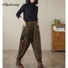 Korean Fashion Herbst Frühling Frauen Harem Hosen Hohe Taille Schwarz Khaki Beiläufige Lose Hosen Vintage Patchwork Baumwolle Cord Capris