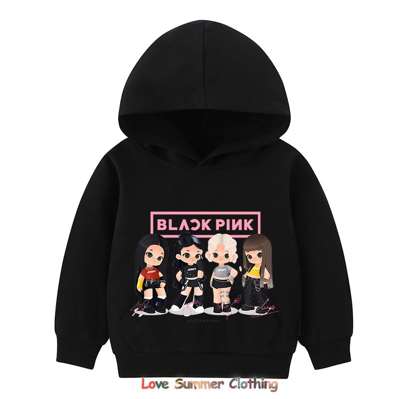 MINISO Kpop BP Jump 2025 Hoodie Pink Girls Band Clothing 4-14Yrs Adorable Anime Graphic Pullover Summer Comfortable Y2K Tops 160