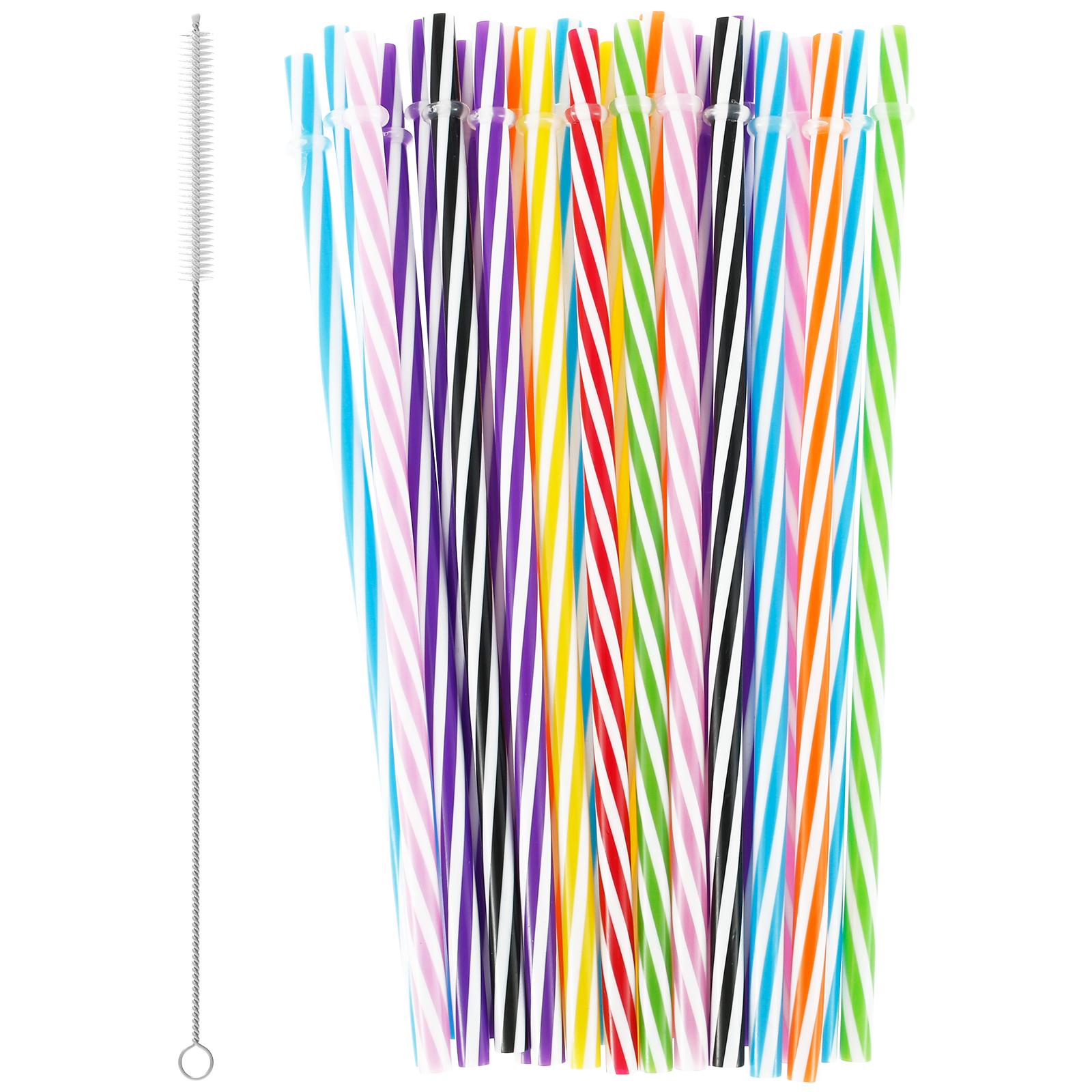 

24Pcs Drinking Striped Straws Reusable Hard Plastic Straws with Cleaning Brush Assorted Color Candy-Striped Straw Party Straight