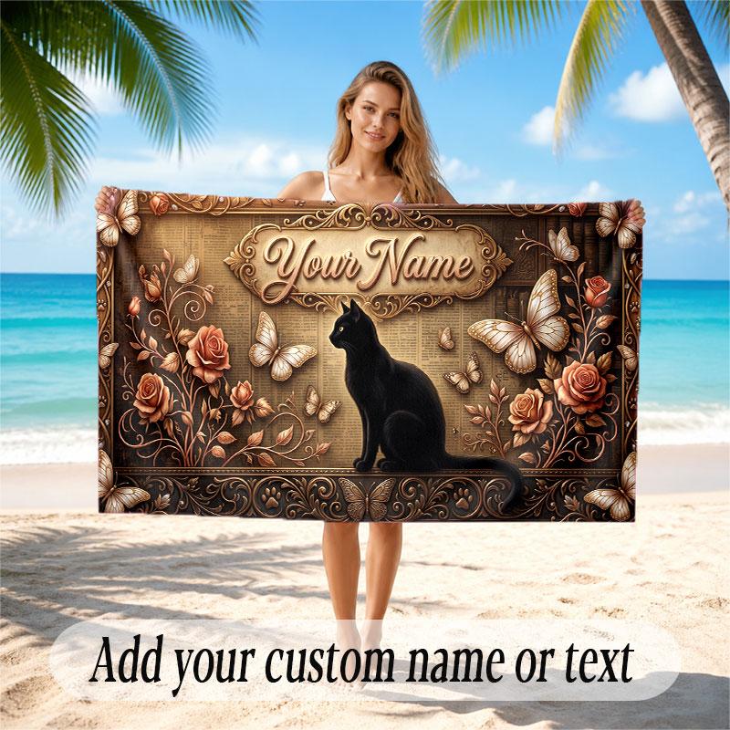 Cat Theme Soft Beach Towel Personalized Custom Name Text Towel Portable for Beach Pool Travel