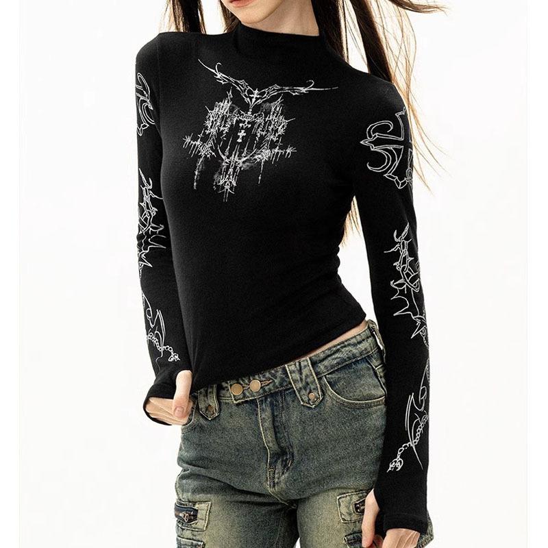 

Європейська та американська жіноча приталена футболка з довгими рукавами в стилі панк з абстрактним принтом M чорний