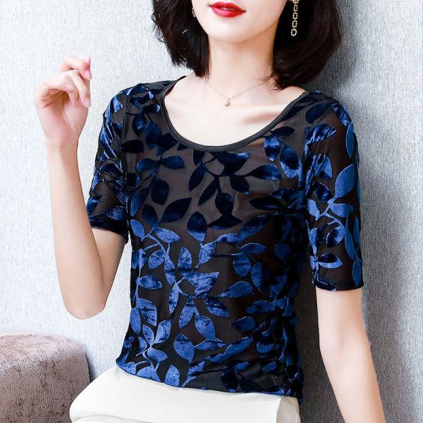 

Круглый вырез, бархат, рукава средней длины, облегающая футболка в стиле вестерн, женская танцевальная одежда на весну и лето, майка больших размеров XXXL синий