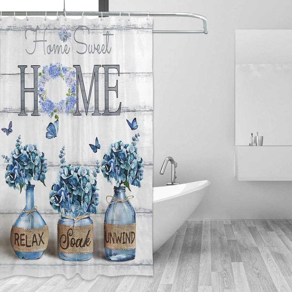 Tijuboni Farmhouse Hydrangea Shower Curtain Blue Flower Shower Curtains for Neutral Country Floral Bathroom Decor Rustic Shower