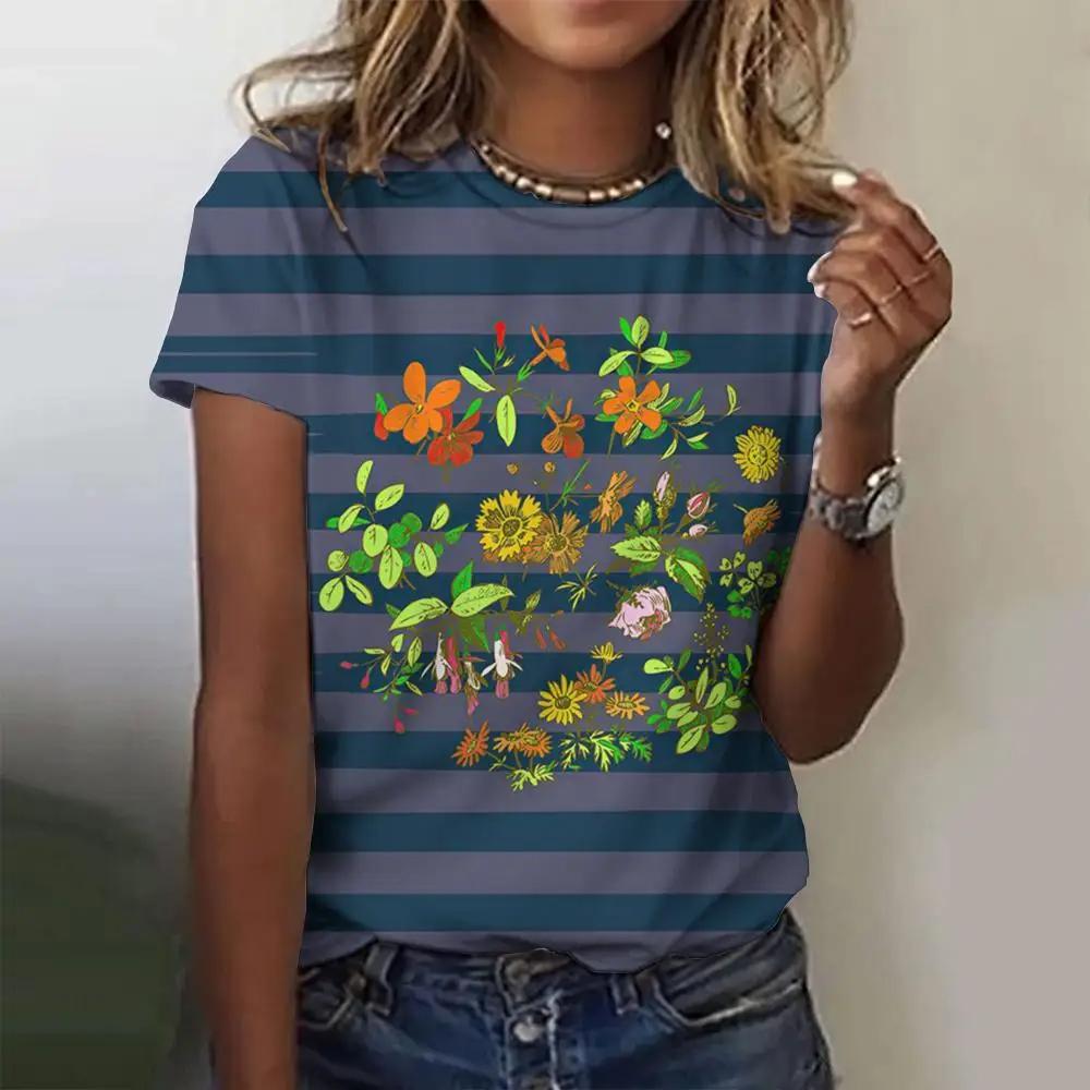 Summer Women Trend T-shirt 3D Printed Floral Stripe Tops Tees Female Fashionable Short Sleeve Clothing Casual Stylish Outfit