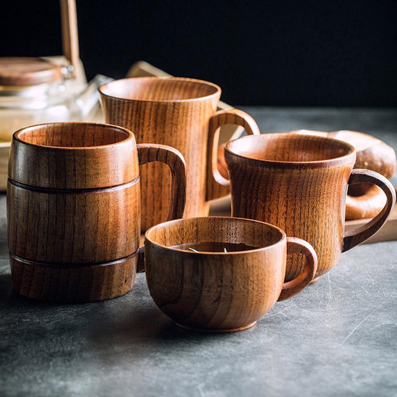 Wooden Cups Handmade Wood Handle Cups Handle Beer Coffee Milk Tea Mug Handmade Natural Kitchen Bar Drinkware Cup