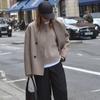 Elegant Grey Women Loose Jacket Long Sleeve Stand Collar Coat Double Breasted Female Winter