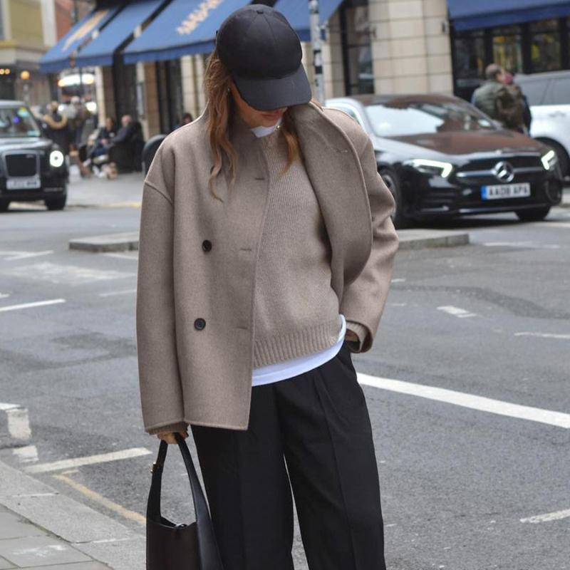Elegant Grey Women Loose Jacket Long Sleeve Stand Collar Coat Double Breasted Female Winter